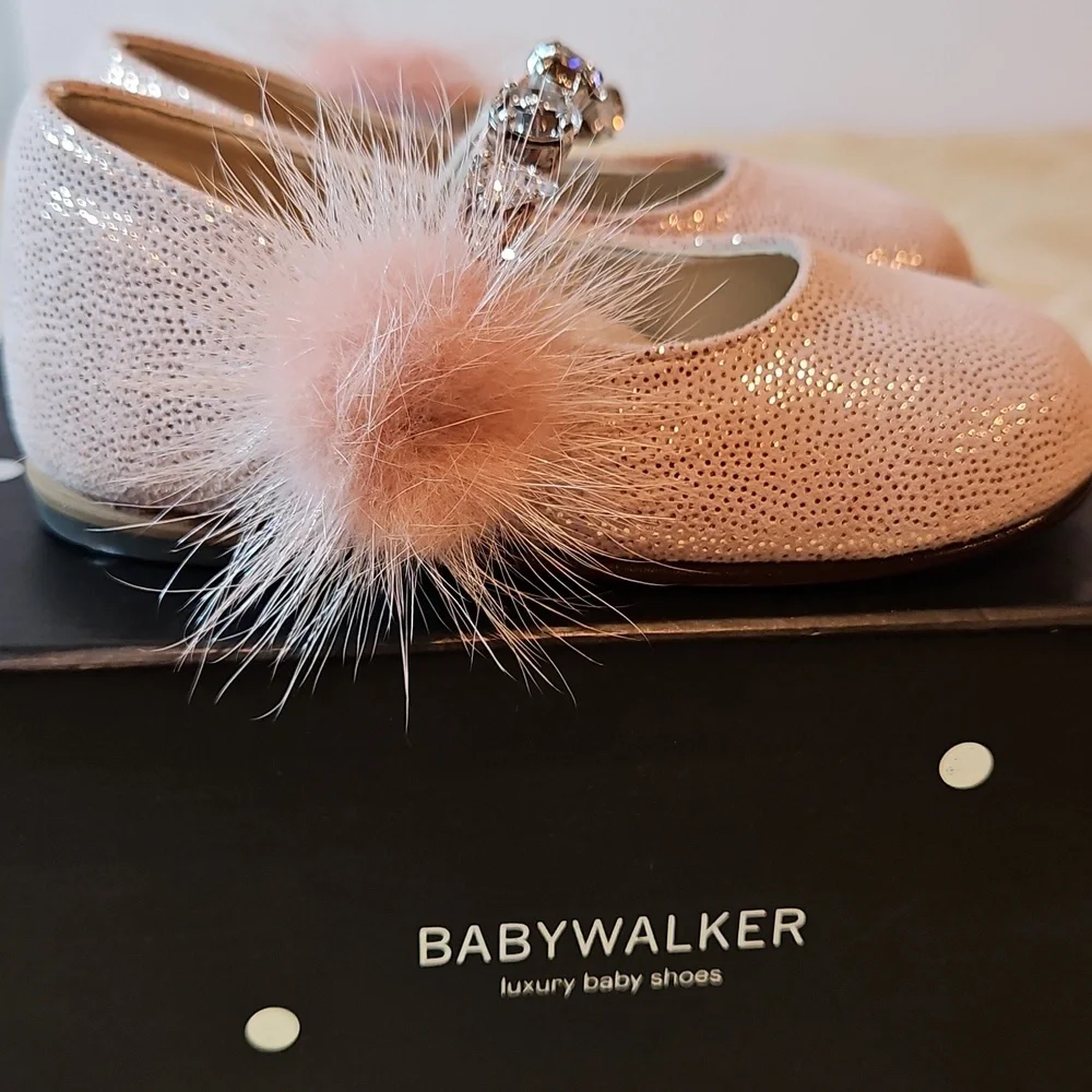 Babywalker Dusty Pink Leather Fur Jewel Baby Shoes NWT & box Greece 21 US 18-24m